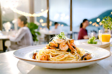 Pasta mit Meeresfrüchten, Im Hintergrund ein Restaurant, Aussengastronomie  - obrazy, fototapety, plakaty
