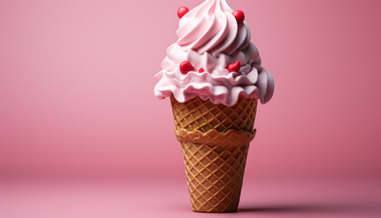 Refreshing summer dessert pink ice cream cone with chocolate swirls generated by AI