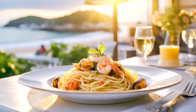 Pasta mit Meeresfr&uuml;chten, Im Hintergrund ein Restaurant, Aussengastronomie 
