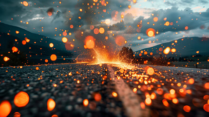 An asphalt road in the middle of nowhere with fire flame and spark effects Generative AI Illustration