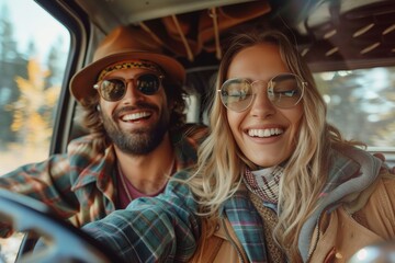 An exuberant couple with big smiles engages in fun during a scenic road trip in a classic car - obrazy, fototapety, plakaty