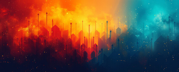 Naklejka premium A colourful, orange and blue background with arrows pointing upward