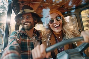 Fototapeta na wymiar Excited couple sharing a smile while driving a classic van, showcasing fun and adventure