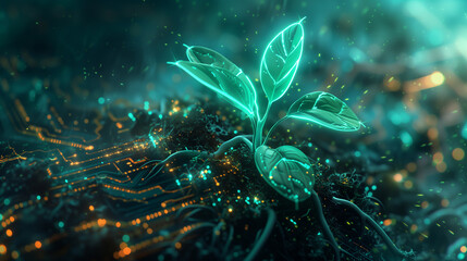 Obraz premium Conceptual Image of Plant Growing on Electronic Circuit Board