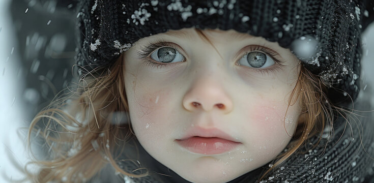 a close up of a child's face wearing a hat and scarf with snow flakes on the top of it.