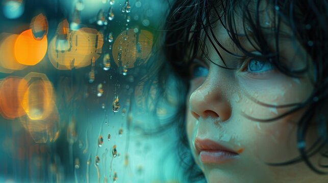 a close up of a child's face next to a window with rain drops on it and a blurry background.