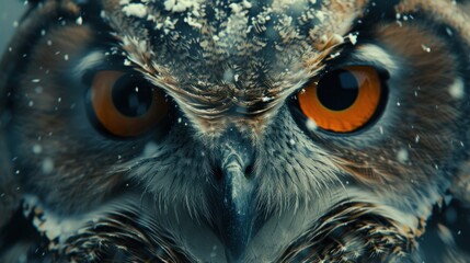 a close up of an owl's face with a lot of snow on the top of it's head.