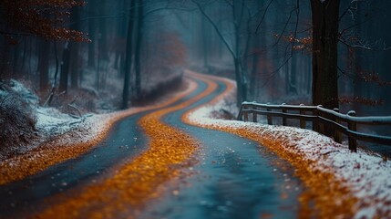 a road in the middle of a forest with snow on the ground and a bench on the side of the road.