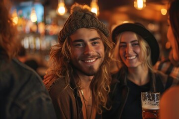 Handsome young man with a beaming smile enjoying a convivial moment with friends at a cozy bar
