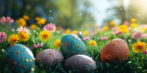 Obraz na płótnie Canvas Easter eggs on the grass, festive spring cartoon background with flowers