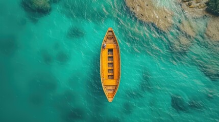 a yellow boat floating on top of a body of water next to a lush green hillside under a blue sky.