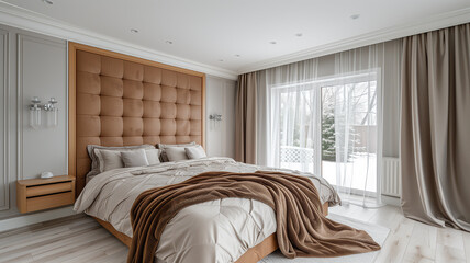 Cozy bright bedroom, ideal for unwinding and rejuvenating after a day - obrazy, fototapety, plakaty
