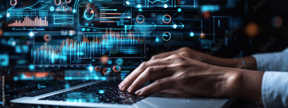 Poster person's hands are seen typing on a laptop keyboard, with futuristic digital graphics of charts, gra