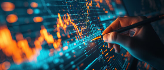 Obraz premium A hand with a graphing pen and trading indicator in front of a computer screen