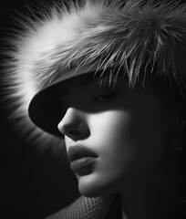 a black and white photo of a woman's face wearing a hat with a fur pom pom.