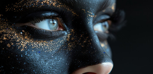 a close up of a woman's face with black and gold paint on her face and a black background.