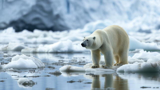 Advertising portrait, banner, big white a polar bear walks in the snow between melted ice floes near the water