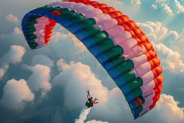 A vibrant image capturing a parachutist soaring through a clear blue sky, evoking a sense of freedom