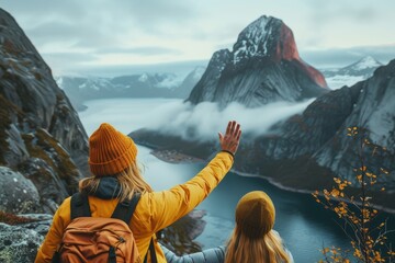 Two friends gazing at a picturesque Norwegian fjord, showcasing the human connection with nature - obrazy, fototapety, plakaty