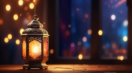Arabic lantern of Ramadan celebration day or eid al fitr adha, copy space text area background