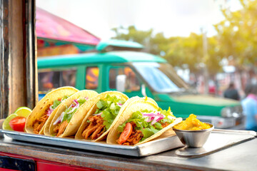 Tacos in einer Reihe auf einem Foodtruck  - obrazy, fototapety, plakaty