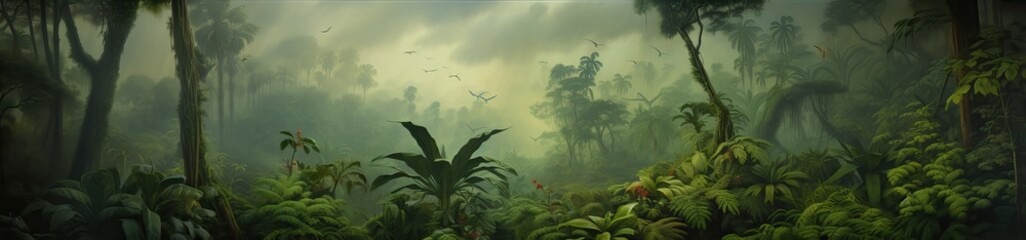 Jungle landscape. Retro wallpaper in watercolor style.