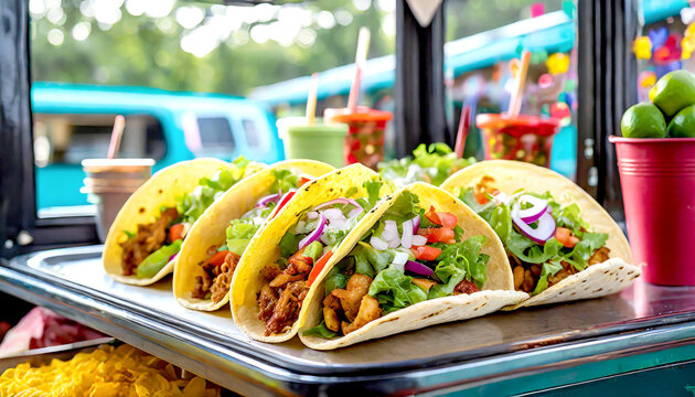 Tacos in einer Reihe auf einem Foodtruck 