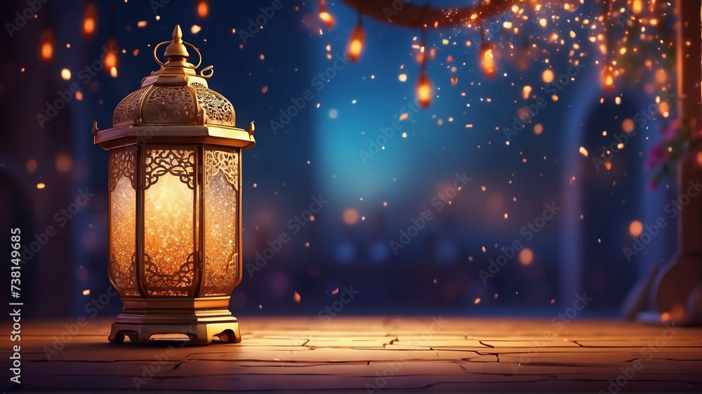 Wall mural Arabic lantern of Ramadan celebration day or eid al fitr adha, copy space text area background