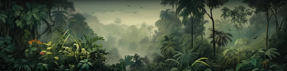 Foto auf Glas Watercolor pattern wallpaper. Painting of a jungle landscape. © Simon