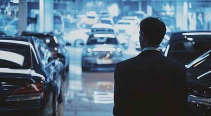 a man in a suit standing in front of a bunch of cars in a parking garage with a lot of parked cars.