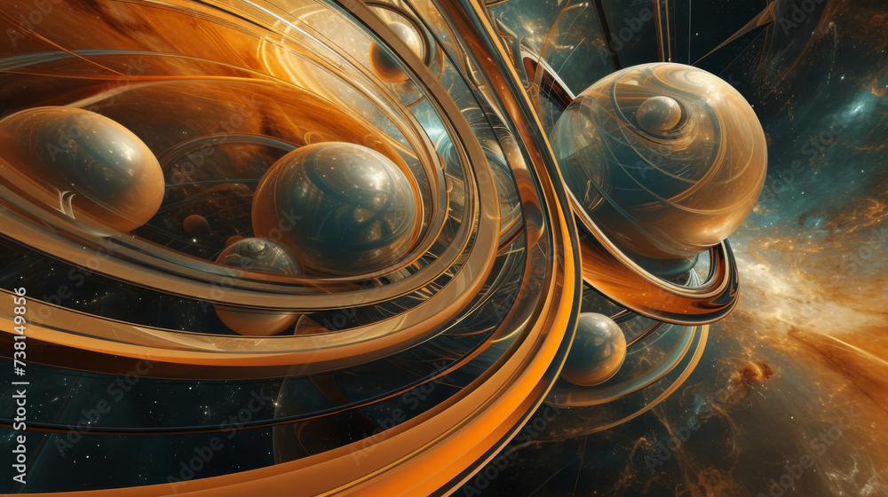 Poster orbital symphony an abstract composition of pulsing circles and orbits representing the harmonious m
