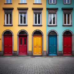 A series of colorful doors in a row.