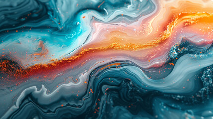 Vibrant swirls of azure, emerald, and coral on a pristine marble slab, creating an intricate dance of abstract colors.