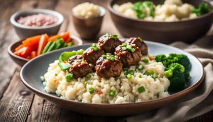 Fototapeta na wymiar Healthy lunch bowl with meatballs, vegetables and cauliflower rice