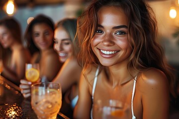 Radiant young woman holding a cocktail with a delightful expression, surrounded by friends in a sociable bar environment - obrazy, fototapety, plakaty