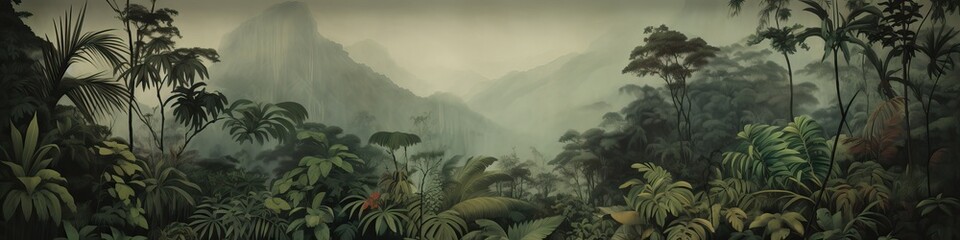 Panoramic watercolor painting of a lush jungle landscape.
