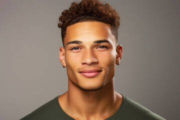 portrait of a young handsome smiling black mestizo man in close-up on a gray background