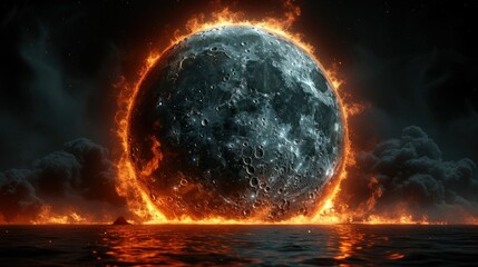 a huge fireball is in the middle of a body of water in front of a dark sky with clouds.