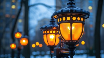 a close up of a street light with many lights on the side of the street in front of a building.