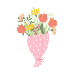 Handdrawn cute bouquet in paper with dots with tulips, leaves, daisy. 