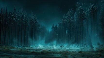 a forest filled with lots of tall trees under a sky filled with stars and a light at the end of the forest. - obrazy, fototapety, plakaty