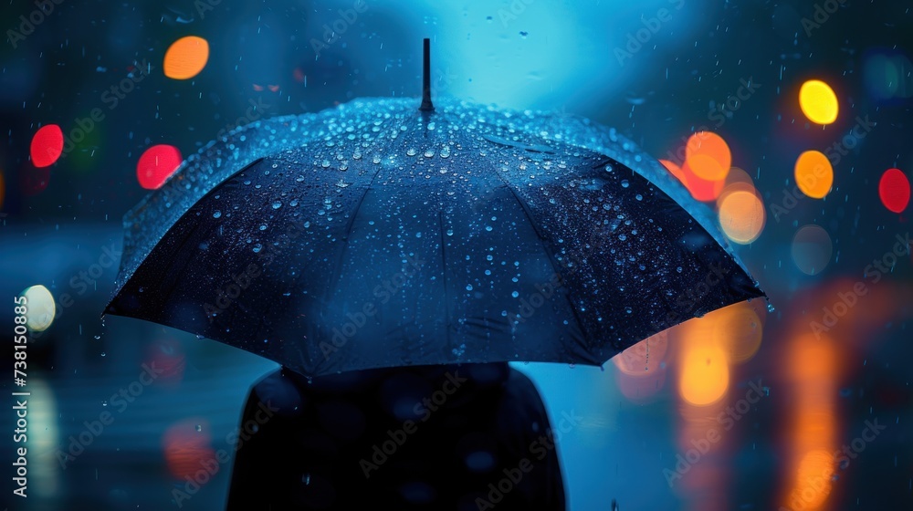 Poster a person standing in the rain holding an umbrella with a blurry background of street lights and traffic lights in the background.