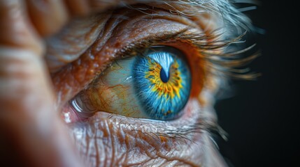 a close up of a person's eye with a blue and yellow eyeball in the center of the iris.