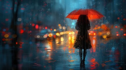 a woman standing in the rain holding an umbrella over her head with a blurry city street in the background.