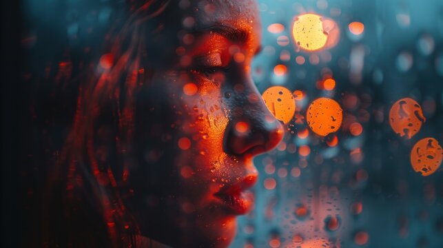 A Close Up Of A Person Looking Out Of A Window With Rain Drops On The Window And A Blurry Image Of A Woman's Face.