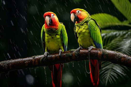 Two parrots sitting on a tree branch