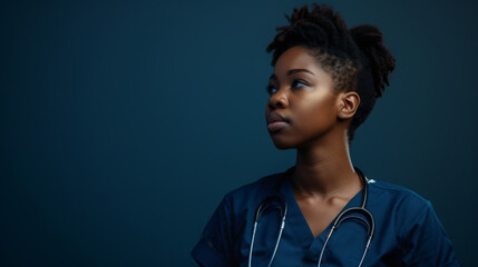 A healthcare professional in blue scrubs with a stethoscope around the neck is profiled against a blue background.
