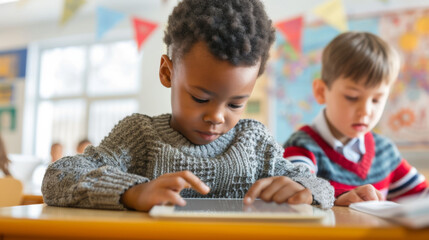 two young boys engaged with tablet computers, likely in a classroom setting with educational toys and decorations in the background.