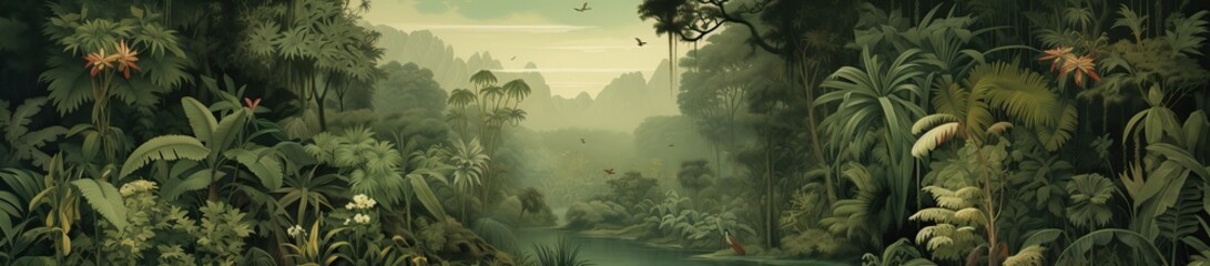 Dark jungle landscape in watercolor style.