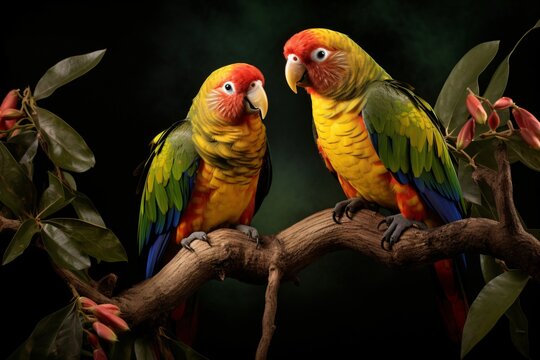 Two parrots sitting on a tree branch
